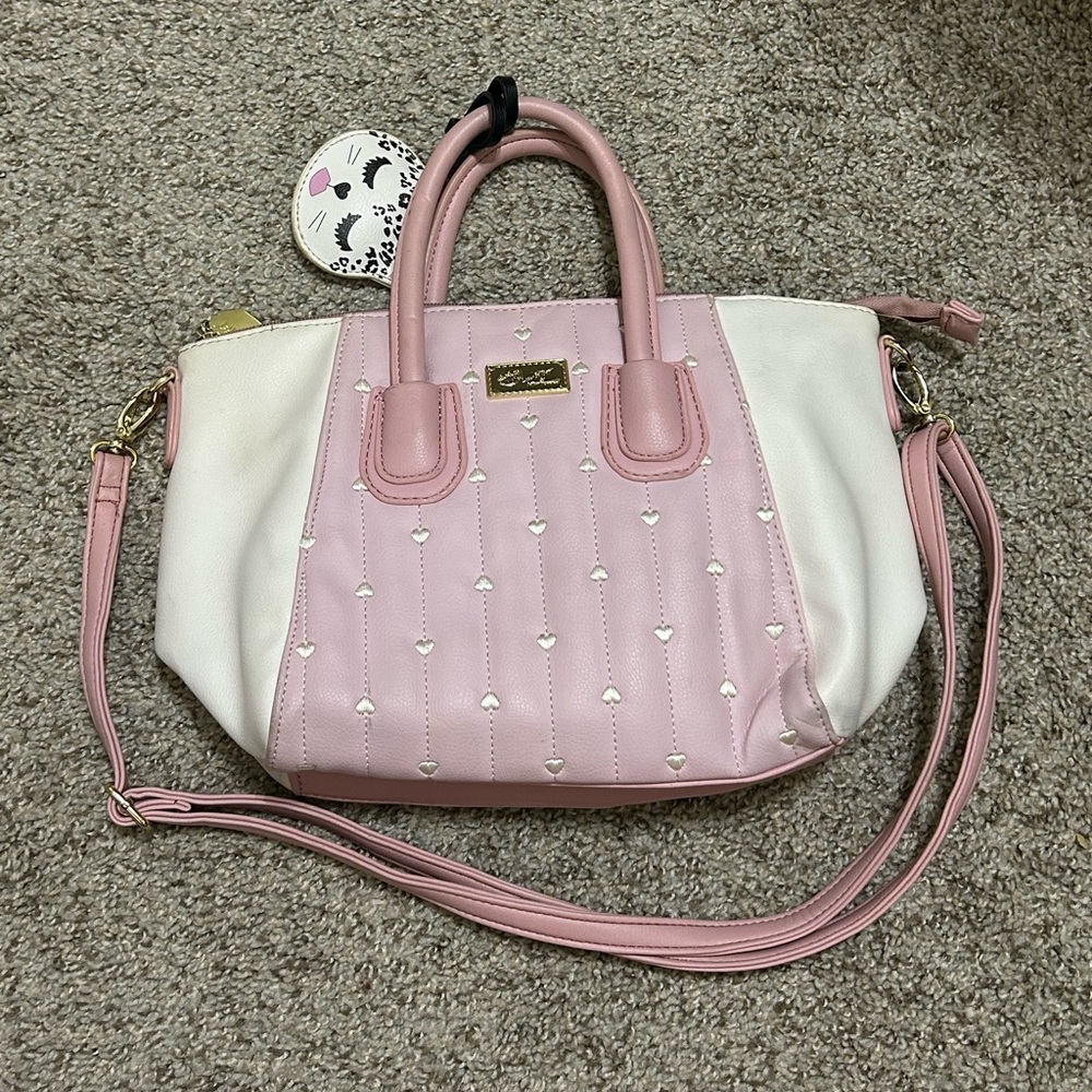 Luv Betsey by Betsey Johnson Pink and White Heart Handbag Kitty Hangtag Satchel